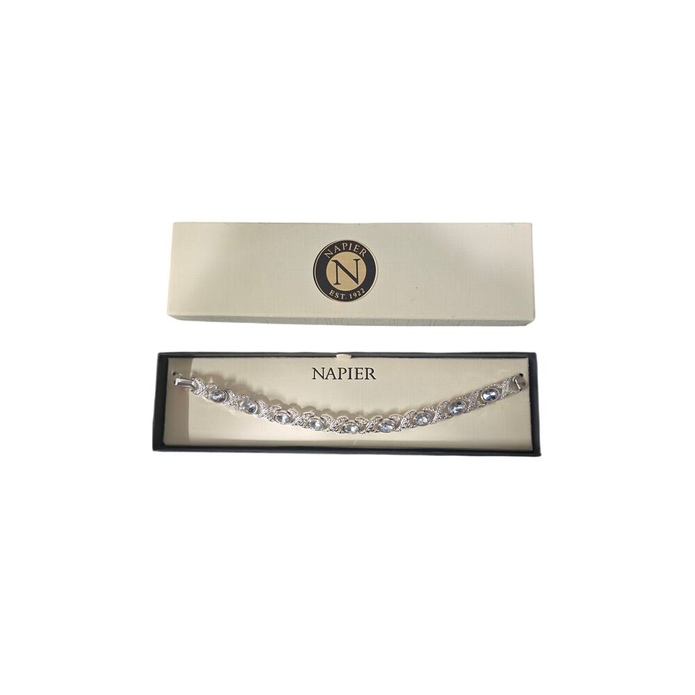 Napier Silver Tone Blue Oval Crystal Tennis Link Chain Bracelet Box Clasp